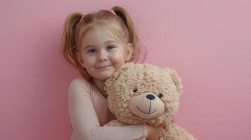 ai gerado pequeno menina abraçando recheado brinquedo em pastel Rosa fundo foto