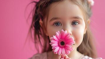 ai gerado pequeno menina com uma Rosa flor em pastel Rosa fundo foto