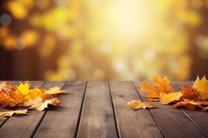ai gerado outono folhas em uma de madeira mesa foto