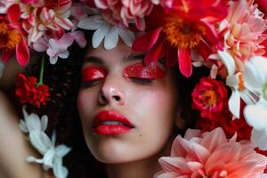 ai gerado mulher com vermelho Maquiagem e flores dentro cabelo foto