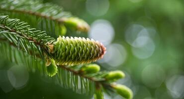 fechar acima do uma verde abeto cone dentro borrado fundo foto