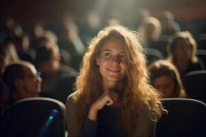 ai gerado feliz jovem mulher às cinema assistindo filme foto