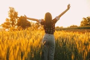 jovem bonita mulher dentro vermelho verão vestir e Palha chapéu caminhando em amarelo Fazenda campo com maduro dourado trigo desfrutando caloroso tarde. foto