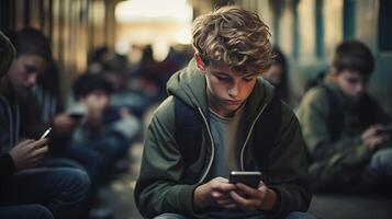 ai gerado jovem Garoto absorta dentro dele Smartphone, sentado em a terra com de outros adolescentes focado em seus dispositivos. conceito do digital era isolamento. foto