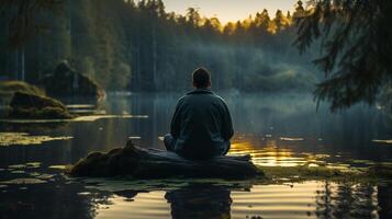 ai gerado homem sentado em uma registro às a Beira do uma sereno lago, desfrutando uma tranquilo pôr do sol dentro solidão. foto