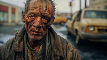 ai gerado resistido homem com uma história do luta. retrato para social conhecimento, vida desafios, e humano resistência. foto