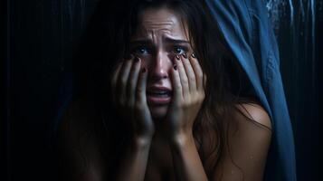 ai gerado angustiado jovem mulher com mãos em face, lágrimas, e pingos de chuva. emocional angústia conceito dentro baixo chave iluminação para Projeto e imprimir. foto