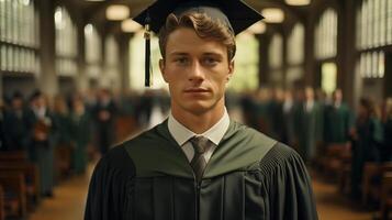 ai gerado sério masculino graduado dentro boné e vestido em pé dentro uma corredor durante uma graduação cerimônia. acadêmico realização e Educação conceito. foto