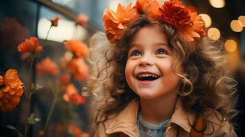 ai gerado cabelo encaracolado criança sorridente dentro campo do laranja flores às pôr do sol. felicidade e verão conceito. Projeto para cumprimento cartão, poster, crianças livro cobrir foto
