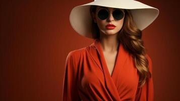 ai gerado elegante mulher dentro vermelho vestir e de abas largas chapéu com oculos de sol em uma vermelho fundo. estúdio moda retrato. Projeto para poster, revista cobrir. foto