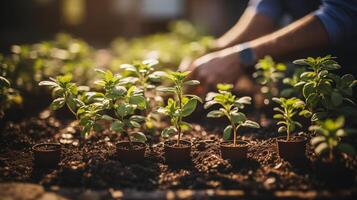 ai gerado pessoa plantio pequeno mudas dentro potes, com focado luz solar. sustentável vivo e jardinagem conceito. Projeto para horticultura educacional material, jardinagem guia. foto