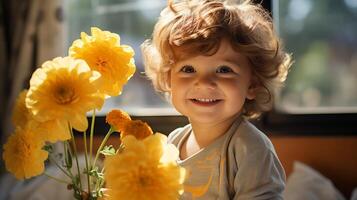 ai gerado criança pequena Garoto com encaracolado cabelo sorridente com amarelo flores dentro luz solar. felicidade e infância conceito. Projeto para poster, cumprimento cartão foto