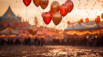 ai gerado flutuando balões sobre festivo feira às crepúsculo. celebração e festa conceito. foto