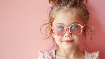 ai gerado pequeno menina com oculos de sol em pastel Rosa fundo foto