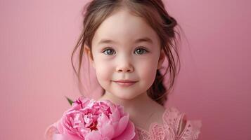 ai gerado pequeno menina com uma Rosa peônia flor em pastel Rosa fundo foto