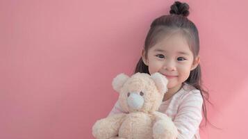 ai gerado pequeno menina abraçando recheado brinquedo em pastel Rosa fundo foto