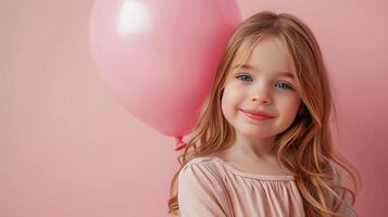 ai gerado pequeno menina abraçando Rosa balão em pastel Rosa fundo foto