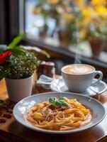 ai gerado delicioso café da manhã em uma cafeteria mesa foto