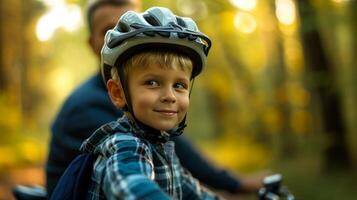 ai gerado uma Garoto com uma bicicleta capacete juntos com dele pai foto