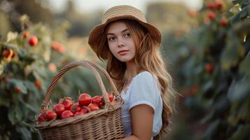 ai gerado uma menina com uma cesta do fruta dentro dela braços foto