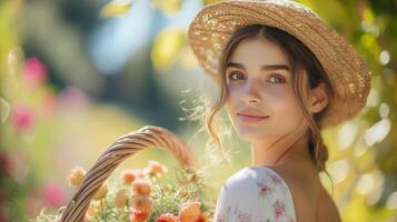 ai gerado uma menina com uma cesta do fruta dentro dela braços foto