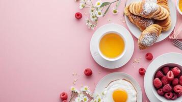 ai gerado saboroso café da manhã topo visualizar, Comida fundo, livre espaço foto