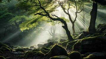 ai gerado etéreo raios solares filtrando através uma exuberante floresta foto