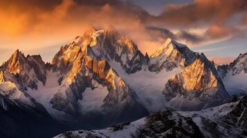 ai gerado majestoso alpino brilho em coberto de neve picos foto