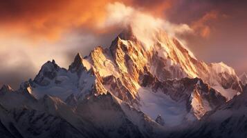 ai gerado majestoso montanha picos banhado dentro dourado luz foto