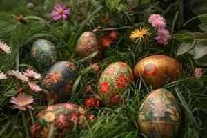 ai gerado artesanal pintado ovos escondido dentro verdejante Primavera Relva foto
