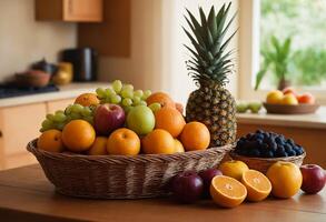 ai gerado uma cesta do frutas sentado em topo do uma de madeira mesa foto