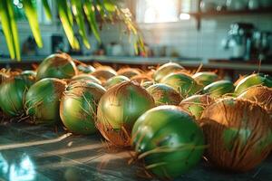 ai gerado orgânico fresco tropical jovem verde coco profissional publicidade Comida fotografia foto