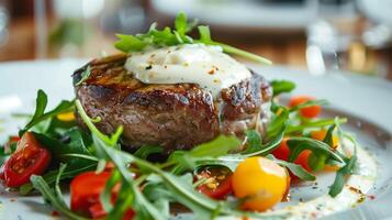 ai gerado filé concurso ao lado Rúcula salada com branco bechamel molho creme em topo. bife, restaurante, eu no. gerado de artificial inteligência. foto