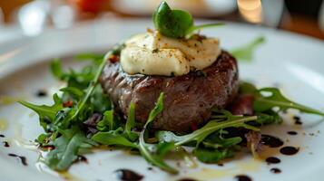 ai gerado filé concurso ao lado Rúcula salada com branco bechamel molho creme em topo. bife, restaurante, eu no. gerado de artificial inteligência. foto