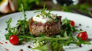 ai gerado filé concurso ao lado Rúcula salada com branco bechamel molho creme em topo. bife, restaurante, eu no. gerado de artificial inteligência. foto