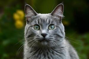 ai gerado digital cinzento gato com azul verde olhos olhares fixos à frente, popular animal conceito foto