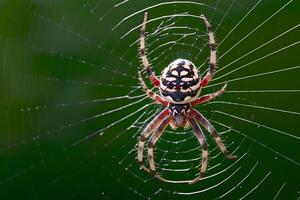 ai gerado aracnídeo descansos em intrincadamente tecido teia de aranha, aguardando presa foto