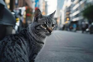 ai gerado cinzento rua gato observa arredores dentro ao ar livre urbano configuração foto