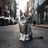 ai gerado lindo gato greves pose em urbano rua, exalando elegância e graça para social meios de comunicação postar Tamanho foto