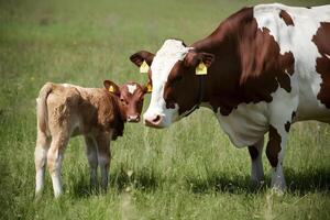 ai gerado concurso retrato captura a vinculo entre uma vaca e dela bezerro foto