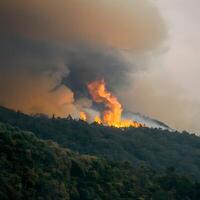 ai gerado floresta fogo emite fumaça, fundição ameaçador véu sobre árvores para social meios de comunicação postar Tamanho foto