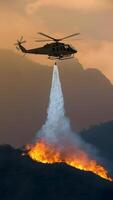 ai gerado dramático momento capturado Como helicóptero lançamentos água para incêndios vertical Móvel papel de parede foto