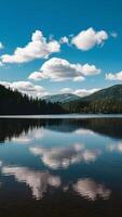 ai gerado branco nuvens deriva preguiçosamente sobre lago contra azul céu pano de fundo vertical Móvel papel de parede foto