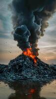 ai gerado Preto fumaça sobe a partir de queimando lixo pilha, de Meio Ambiente desastre vertical Móvel papel de parede foto