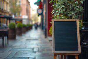 ai gerado esvaziar Preto borda maquetes dentro frente do uma café fazer compras foto