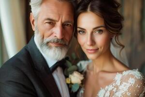 ai gerado uma meia idade marido e esposa ficar de pé juntos em seus Casamento dia. a homem é vestindo uma terno e a mulher é vestindo uma branco Casamento vestir foto