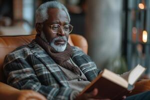 ai gerado Senior africano americano homem sentado dentro uma cadeira e lendo uma livro foto