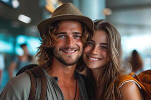 ai gerado Viajantes homem e mulher ficar de pé juntos às a aeroporto foto