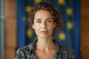 ai gerado mulher político contra a fundo do a europeu União bandeira foto