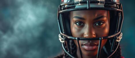 ai gerado fechar-se do uma fêmea atleta vestindo uma futebol capacete. a africano americano atleta é pronto para açao em a rúgbi campo com determinação dentro dela olhos foto